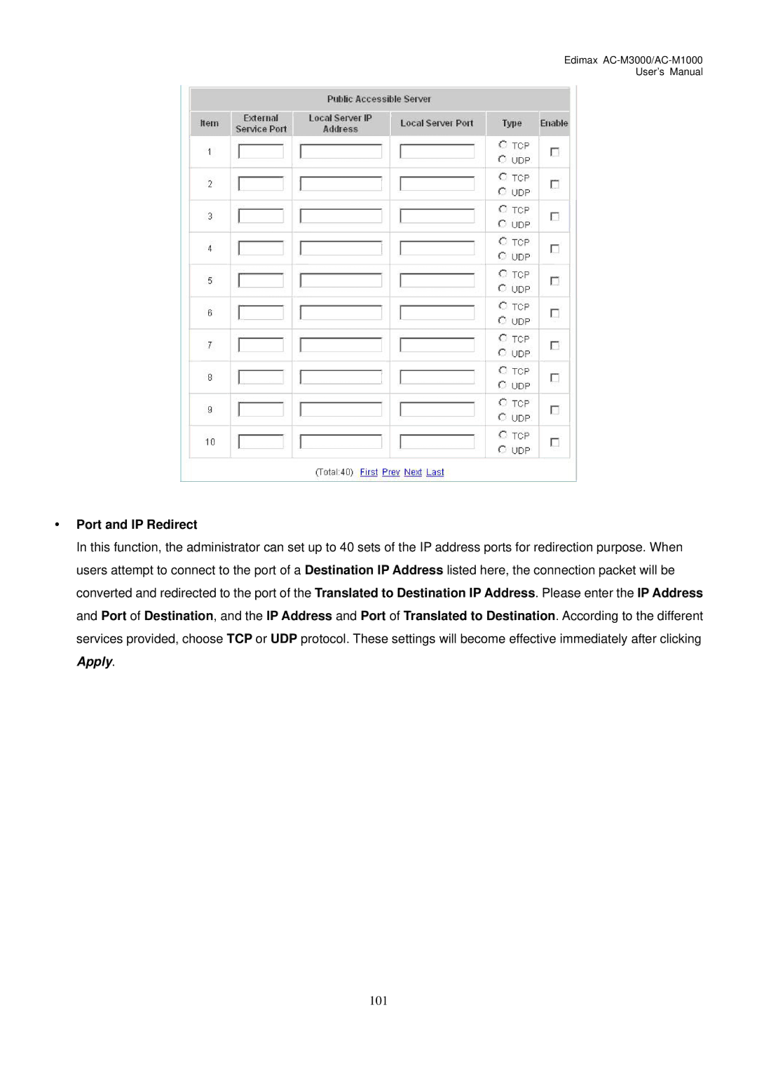 Edimax Technology AC-M1000, AC-M3000 user manual Port and IP Redirect 