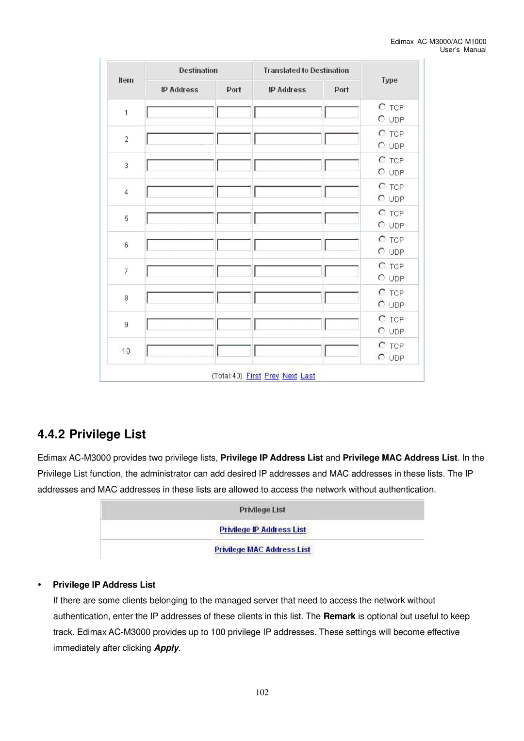 Edimax Technology AC-M3000, AC-M1000 user manual Privilege List, Privilege IP Address List 