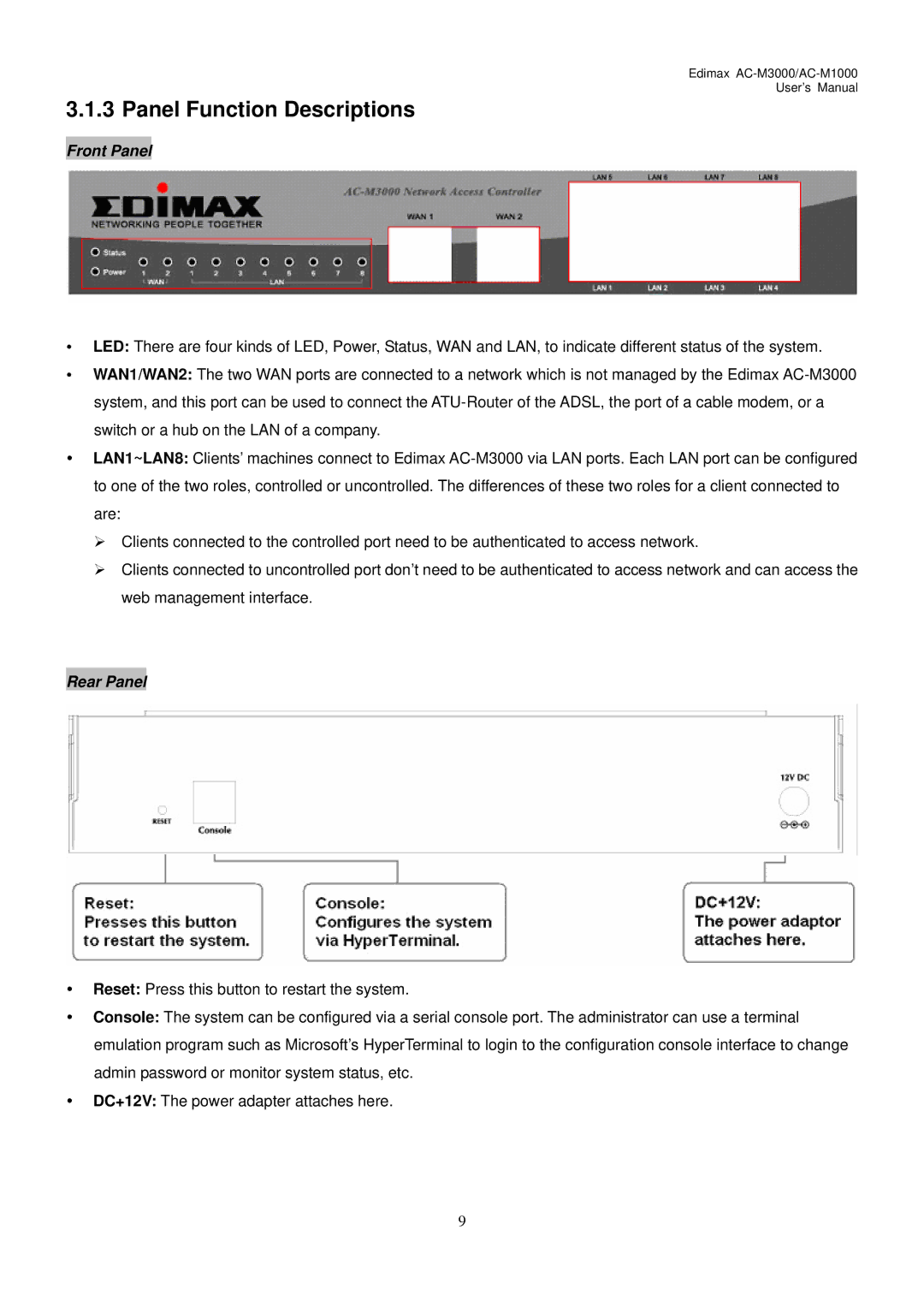 Edimax Technology AC-M1000, AC-M3000 user manual Panel Function Descriptions, Front Panel 