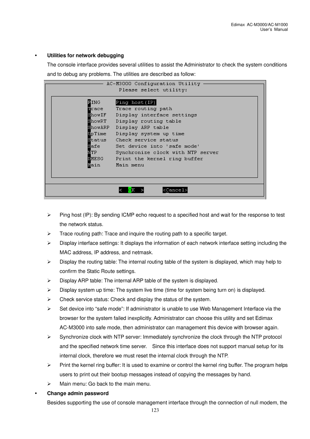 Edimax Technology AC-M1000, AC-M3000 user manual Utilities for network debugging, Change admin password 