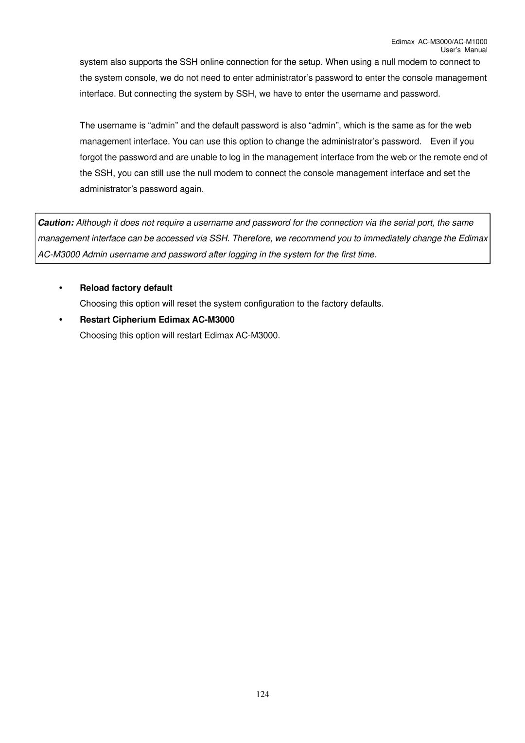 Edimax Technology AC-M1000 user manual Reload factory default, Restart Cipherium Edimax AC-M3000 