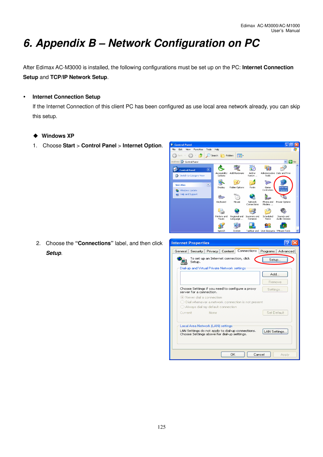 Edimax Technology AC-M1000, AC-M3000 Internet Connection Setup, ‹ Windows XP Choose Start Control Panel Internet Option 