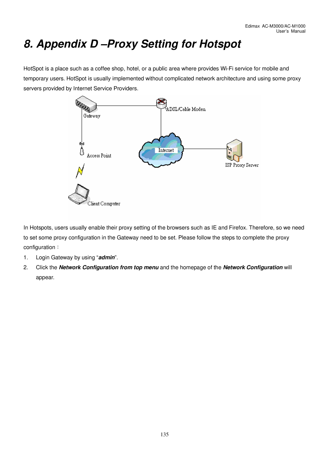 Edimax Technology AC-M1000, AC-M3000 user manual Appendix D -Proxy Setting for Hotspot 