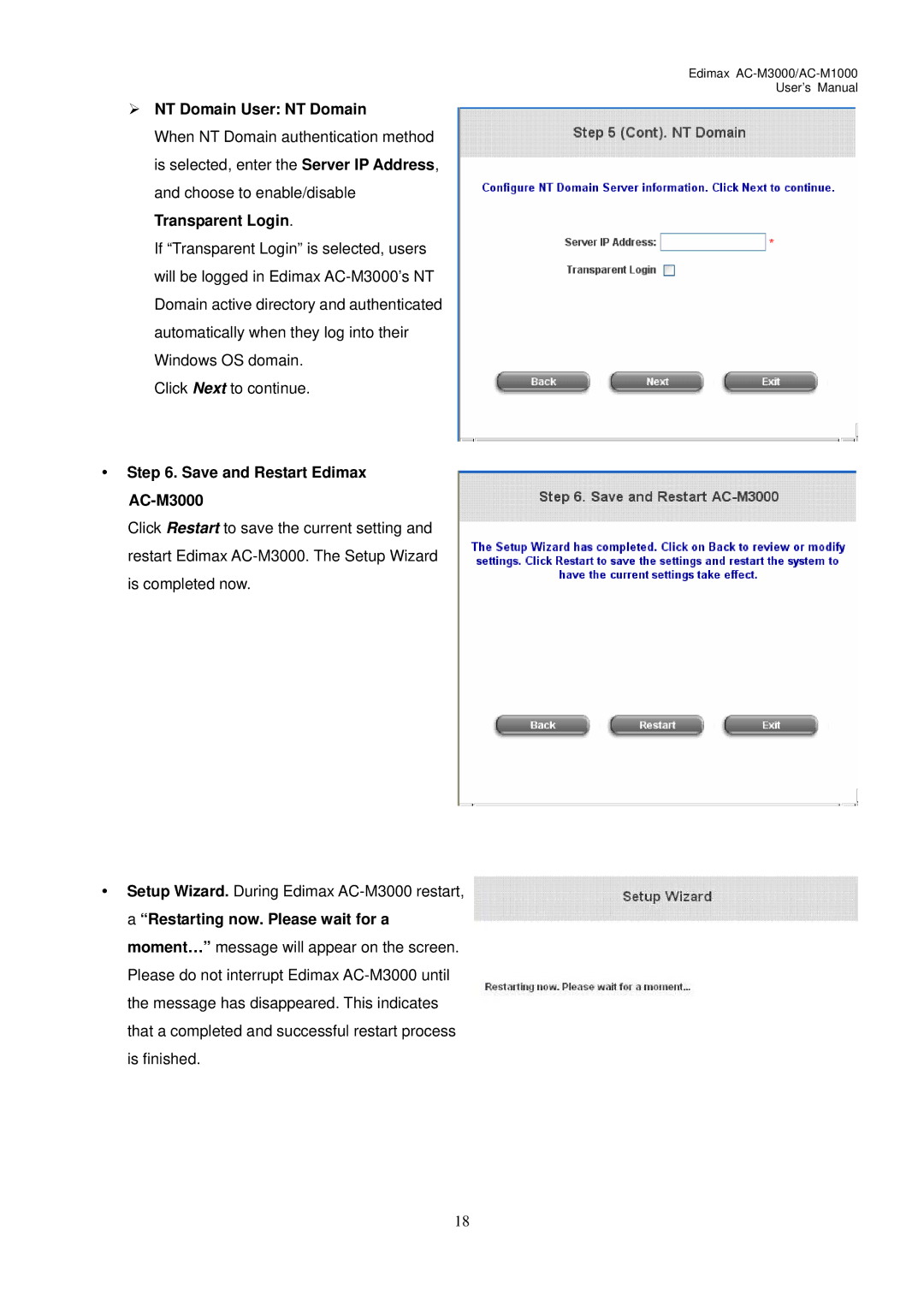 Edimax Technology AC-M1000 user manual ¾ NT Domain User NT Domain, Save and Restart Edimax AC-M3000 