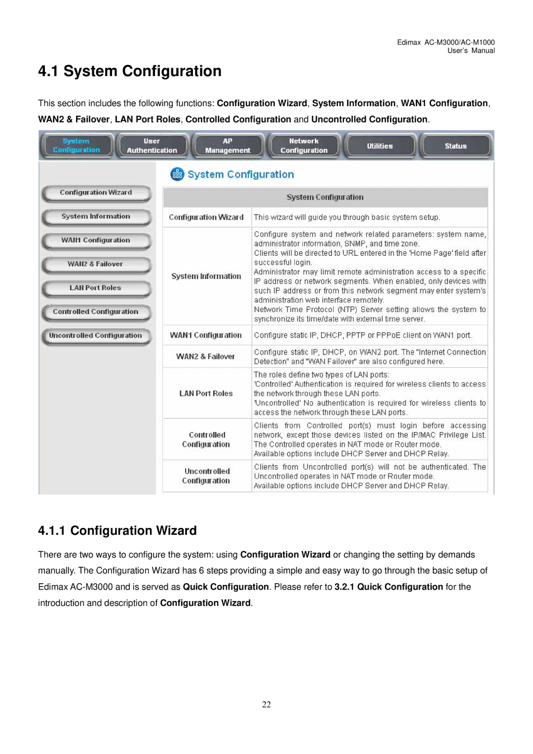 Edimax Technology AC-M3000, AC-M1000 user manual System Configuration, Configuration Wizard 