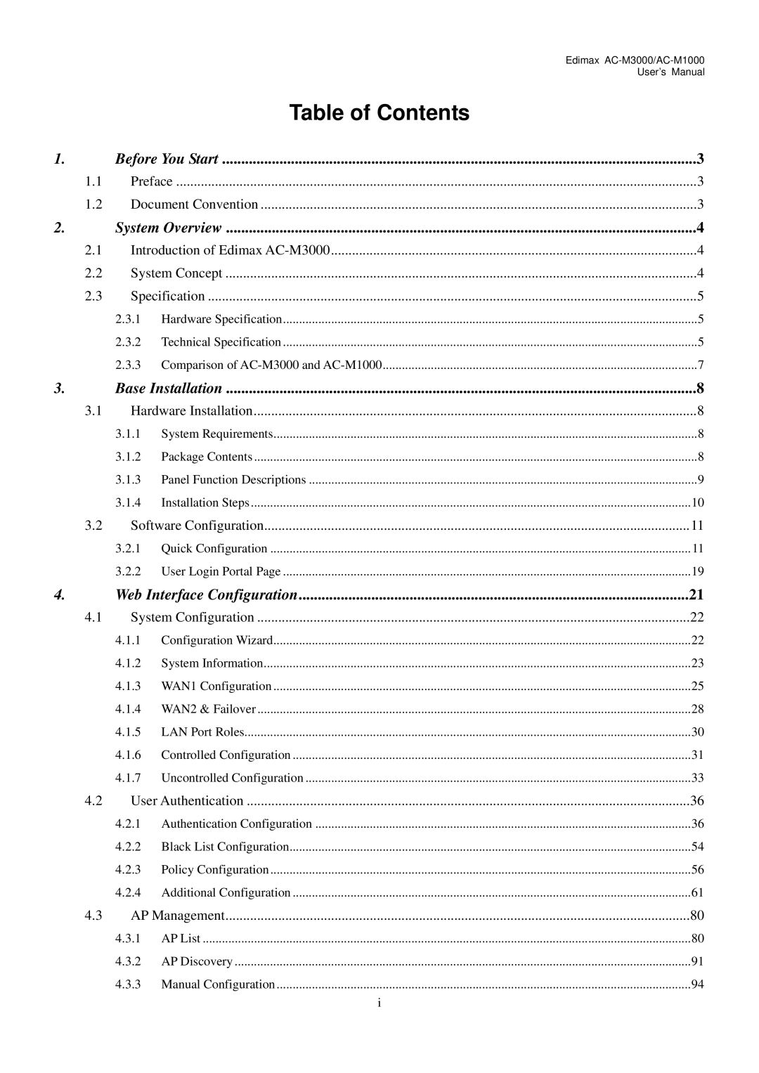 Edimax Technology AC-M1000, AC-M3000 user manual Table of Contents 