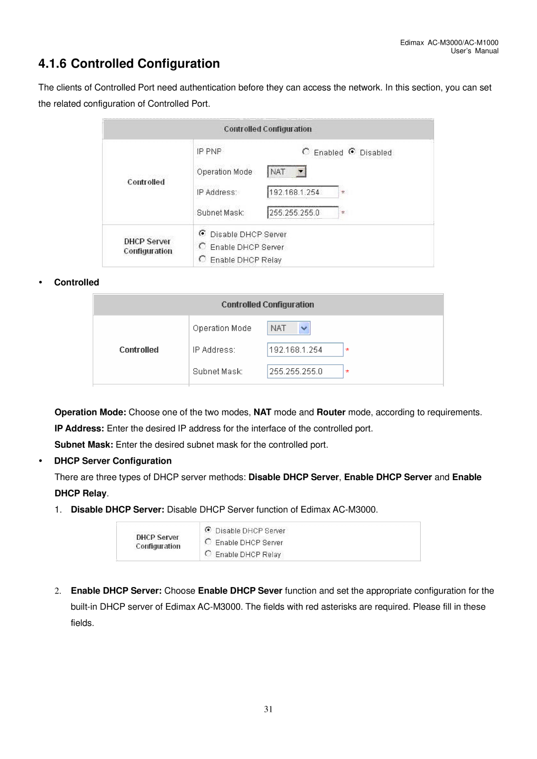 Edimax Technology AC-M1000, AC-M3000 user manual Controlled Configuration, Dhcp Server Configuration 