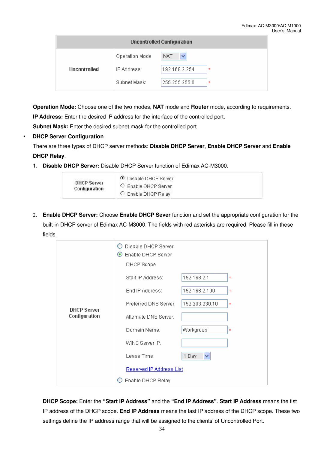 Edimax Technology AC-M3000, AC-M1000 user manual Dhcp Server Configuration 