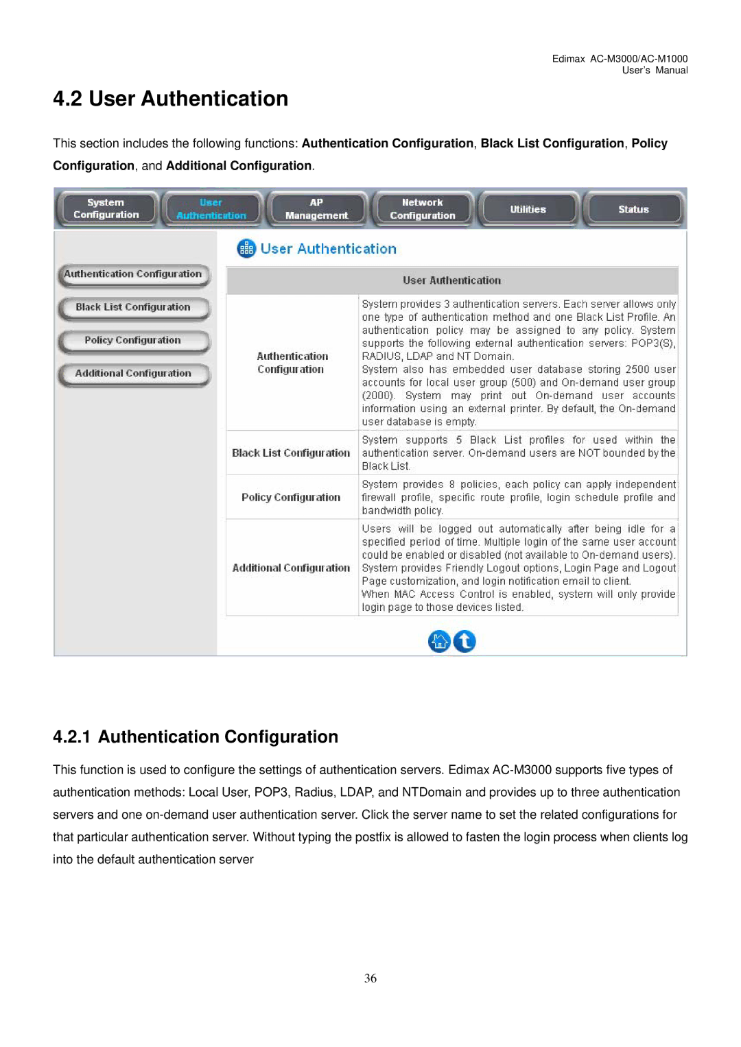 Edimax Technology AC-M3000, AC-M1000 user manual User Authentication, Authentication Configuration 