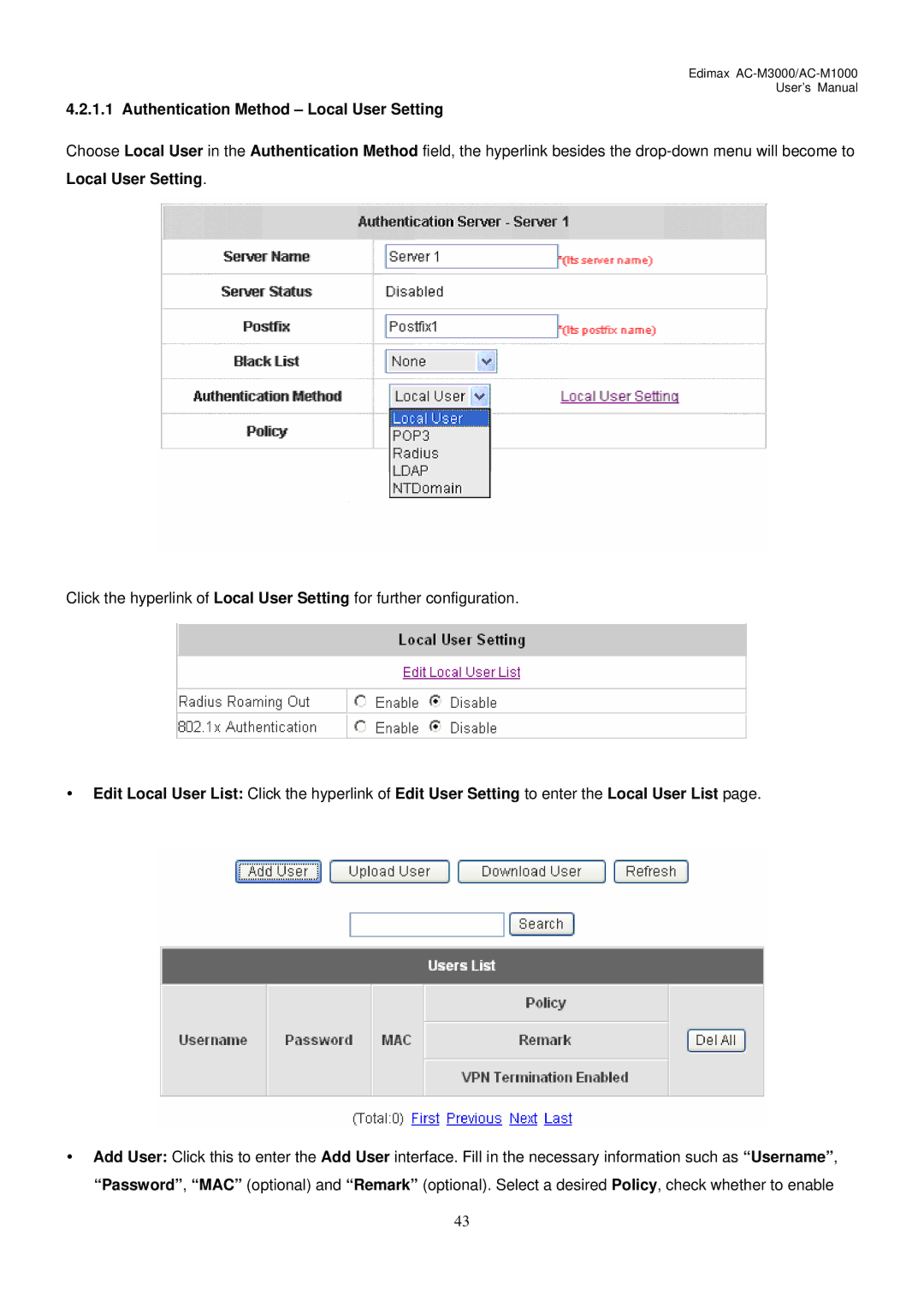 Edimax Technology AC-M1000, AC-M3000 user manual Authentication Method Local User Setting 