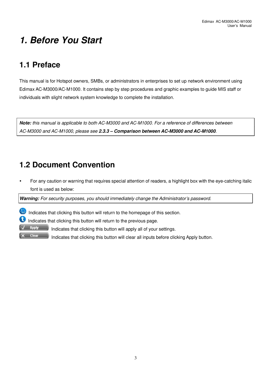 Edimax Technology AC-M1000, AC-M3000 user manual Preface, Document Convention 