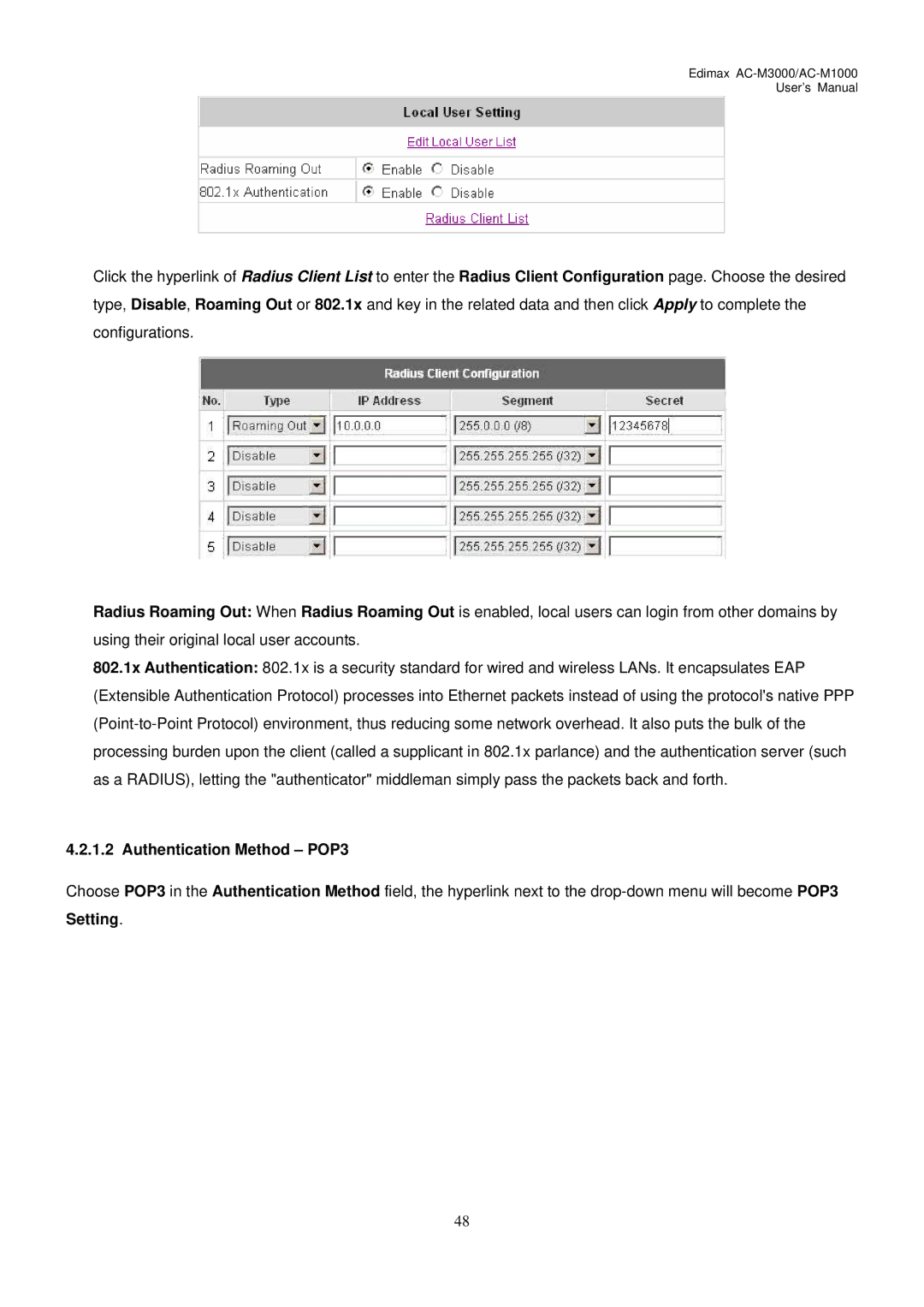 Edimax Technology AC-M3000, AC-M1000 user manual Authentication Method POP3, Setting 