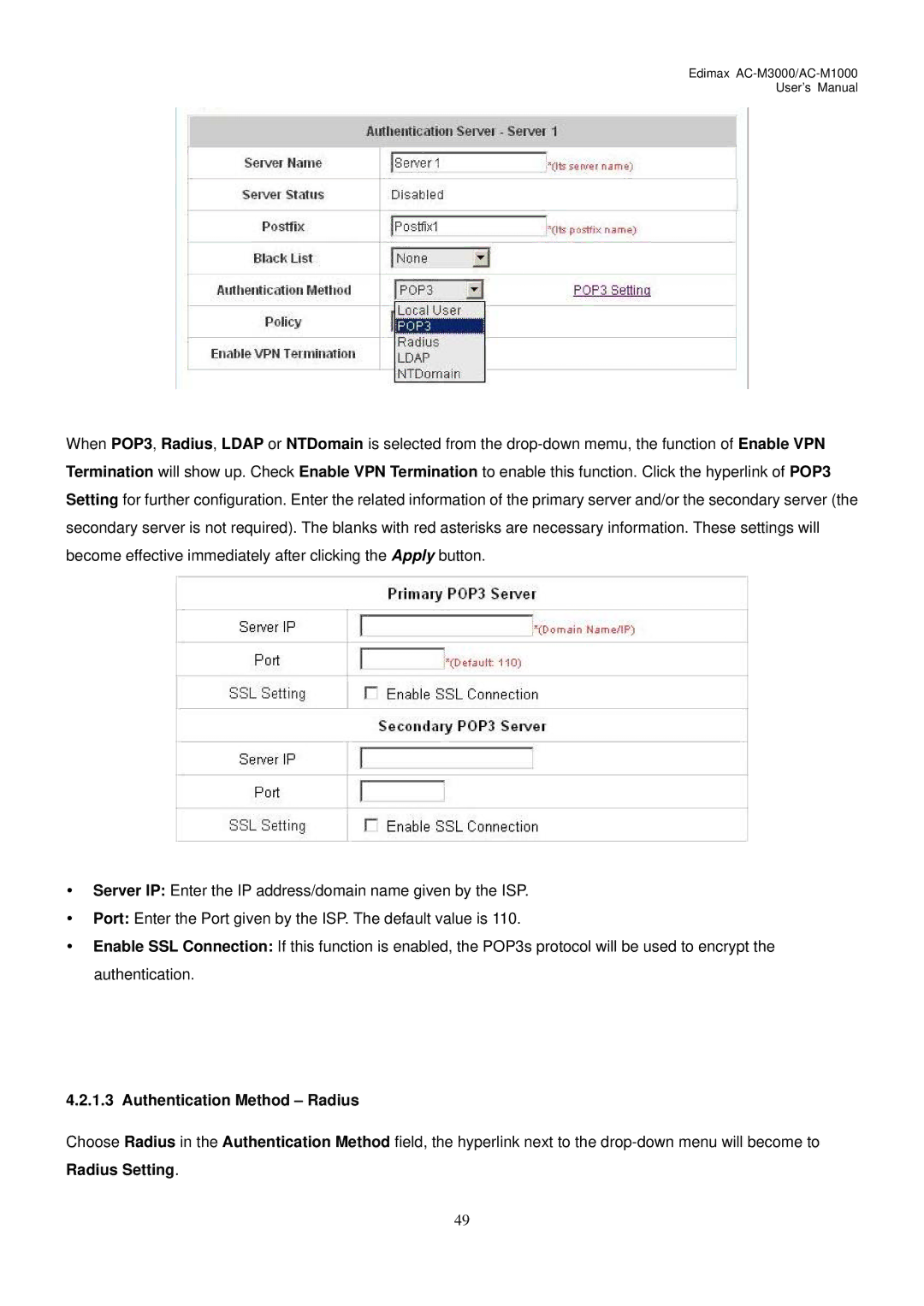 Edimax Technology AC-M1000, AC-M3000 user manual Authentication Method Radius 