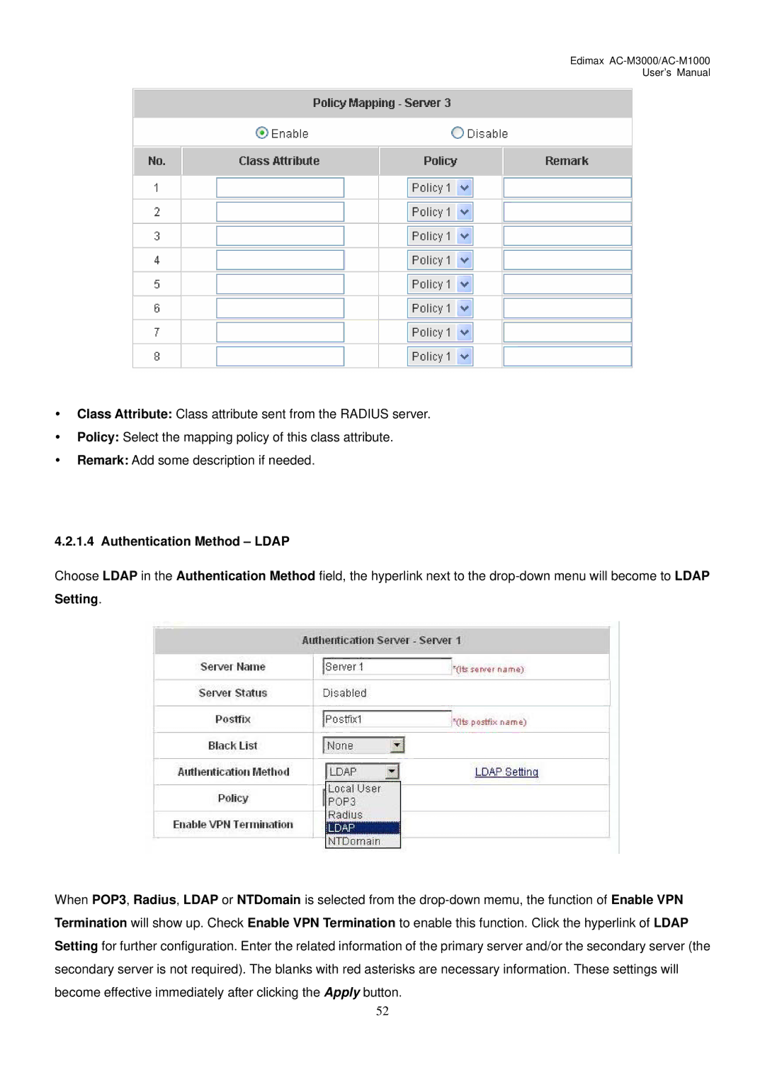 Edimax Technology AC-M3000, AC-M1000 user manual Authentication Method Ldap, Setting 