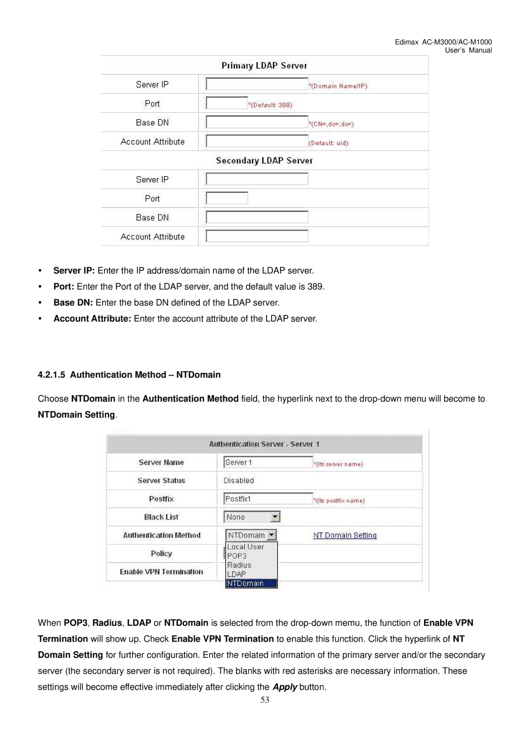 Edimax Technology AC-M1000, AC-M3000 user manual Authentication Method NTDomain 