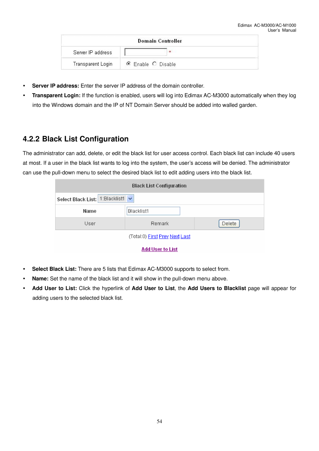 Edimax Technology AC-M3000, AC-M1000 user manual Black List Configuration 