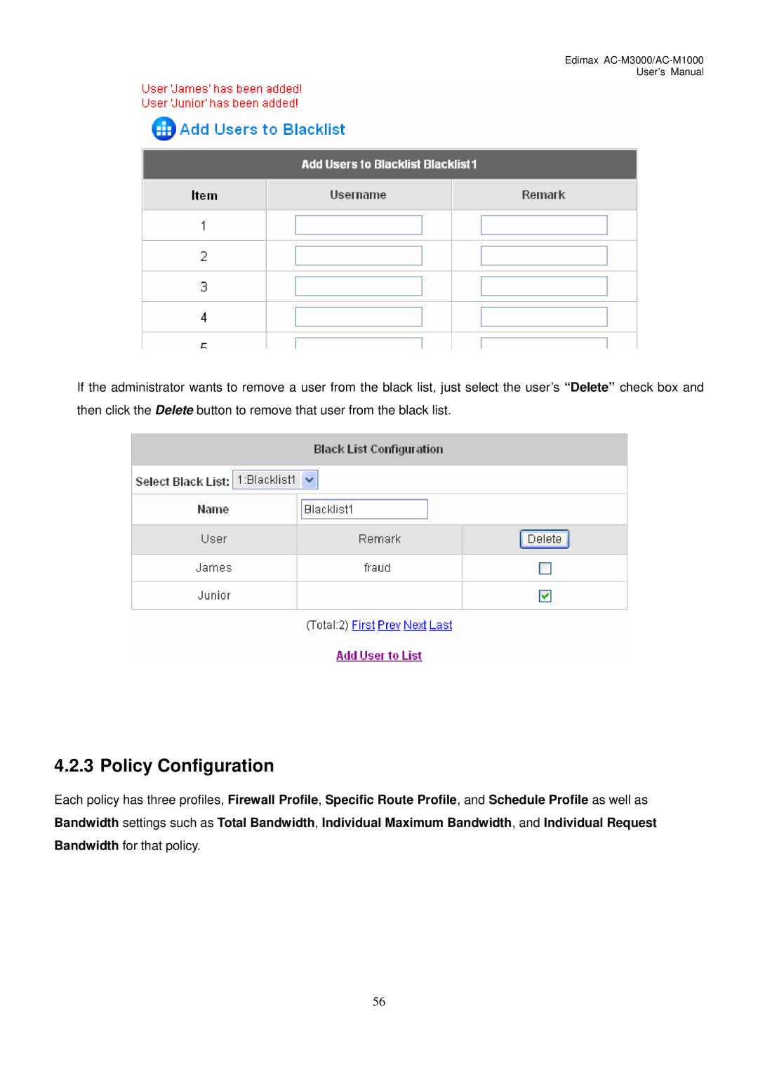 Edimax Technology AC-M3000, AC-M1000 user manual Policy Configuration 