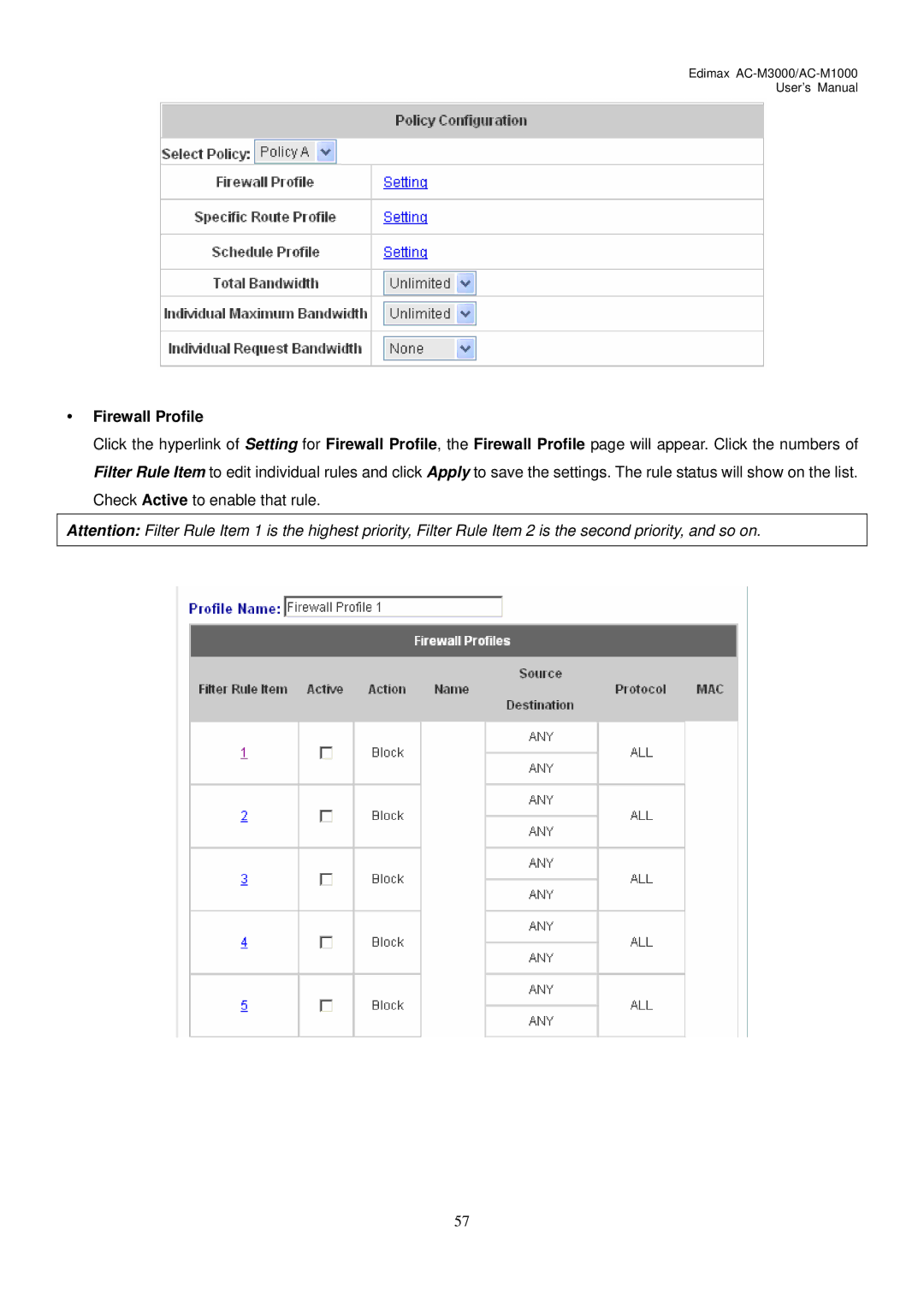 Edimax Technology AC-M1000, AC-M3000 user manual Firewall Profile 