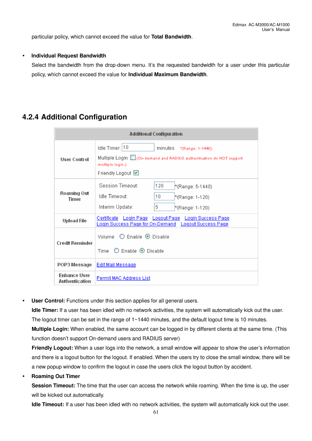 Edimax Technology AC-M1000, AC-M3000 user manual Additional Configuration, Individual Request Bandwidth, Roaming Out Timer 