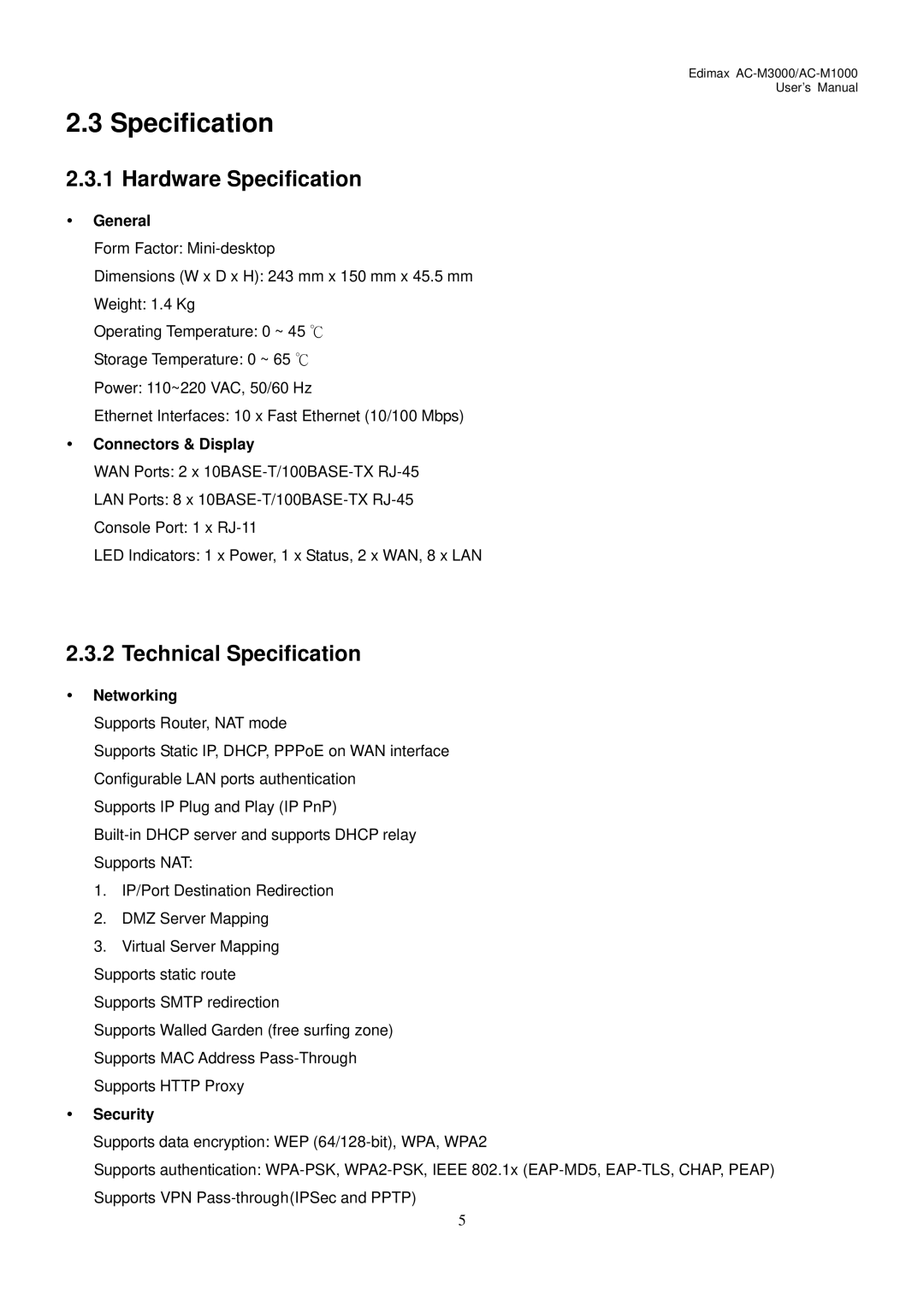 Edimax Technology AC-M1000, AC-M3000 user manual Hardware Specification, Technical Specification 