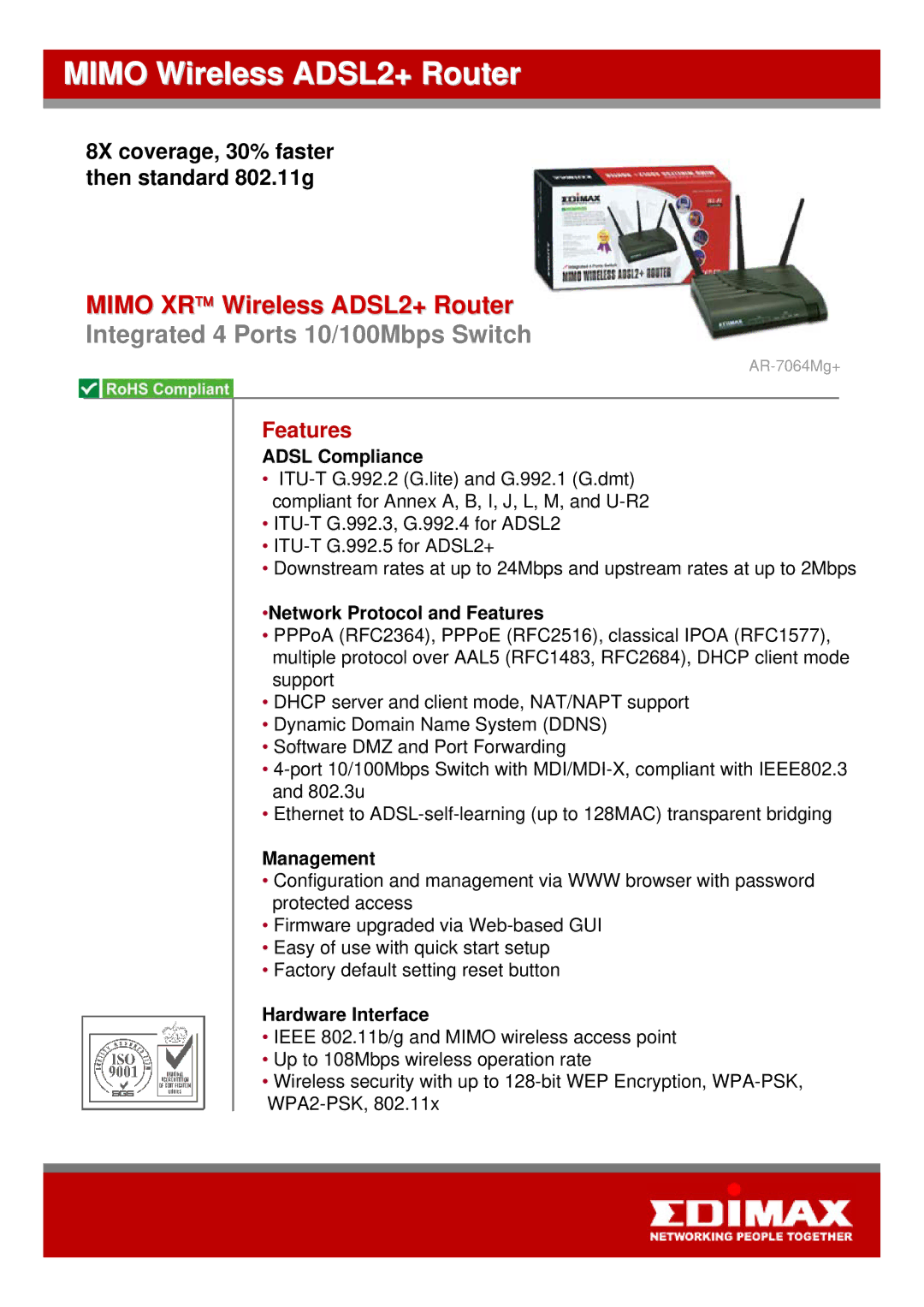 Edimax Technology AR-7064Mg+ quick start Adsl Compliance, Network Protocol and Features, Management, Hardware Interface 