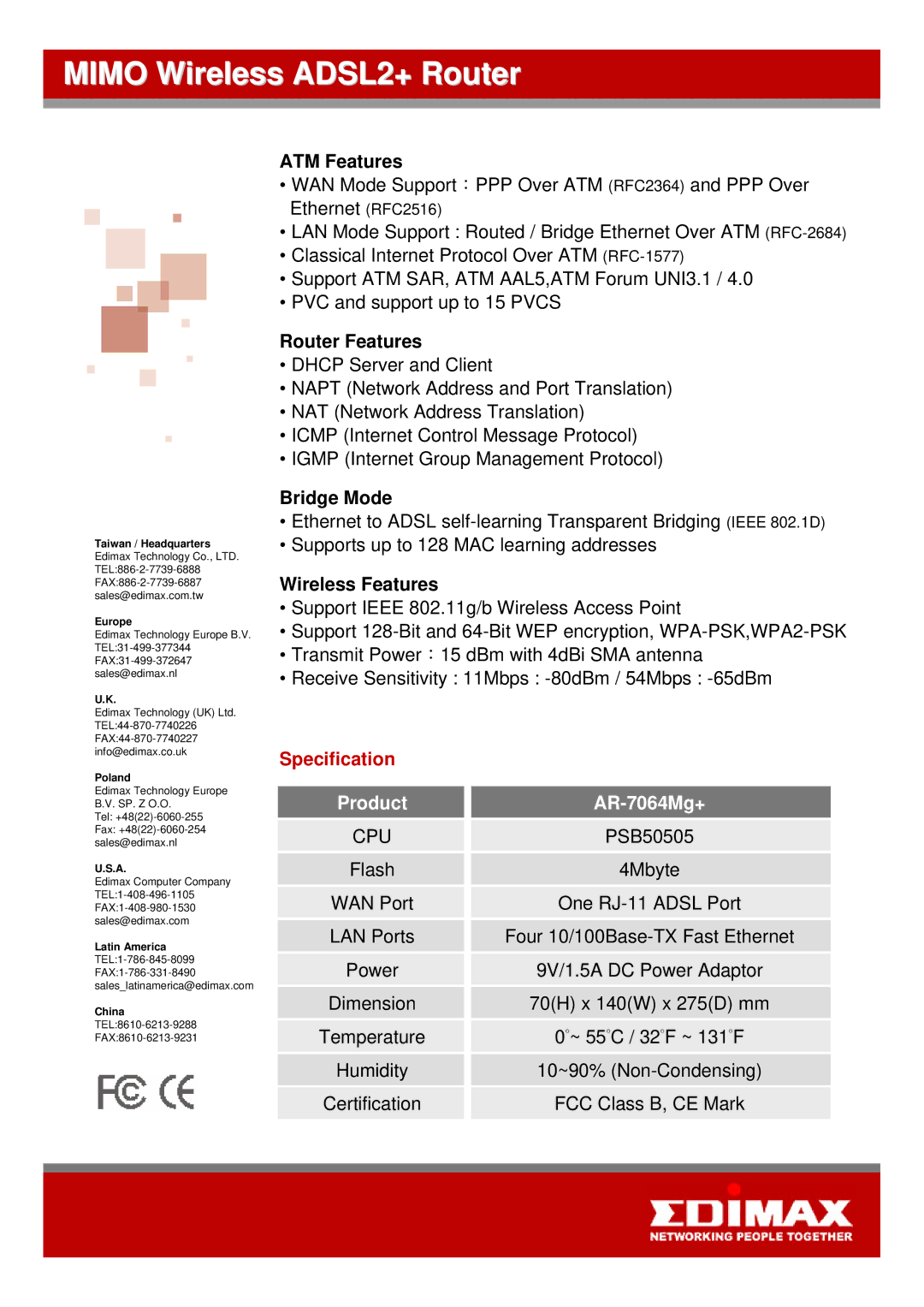 Edimax Technology AR-7064Mg+ quick start ATM Features, Router Features, Bridge Mode, Wireless Features 