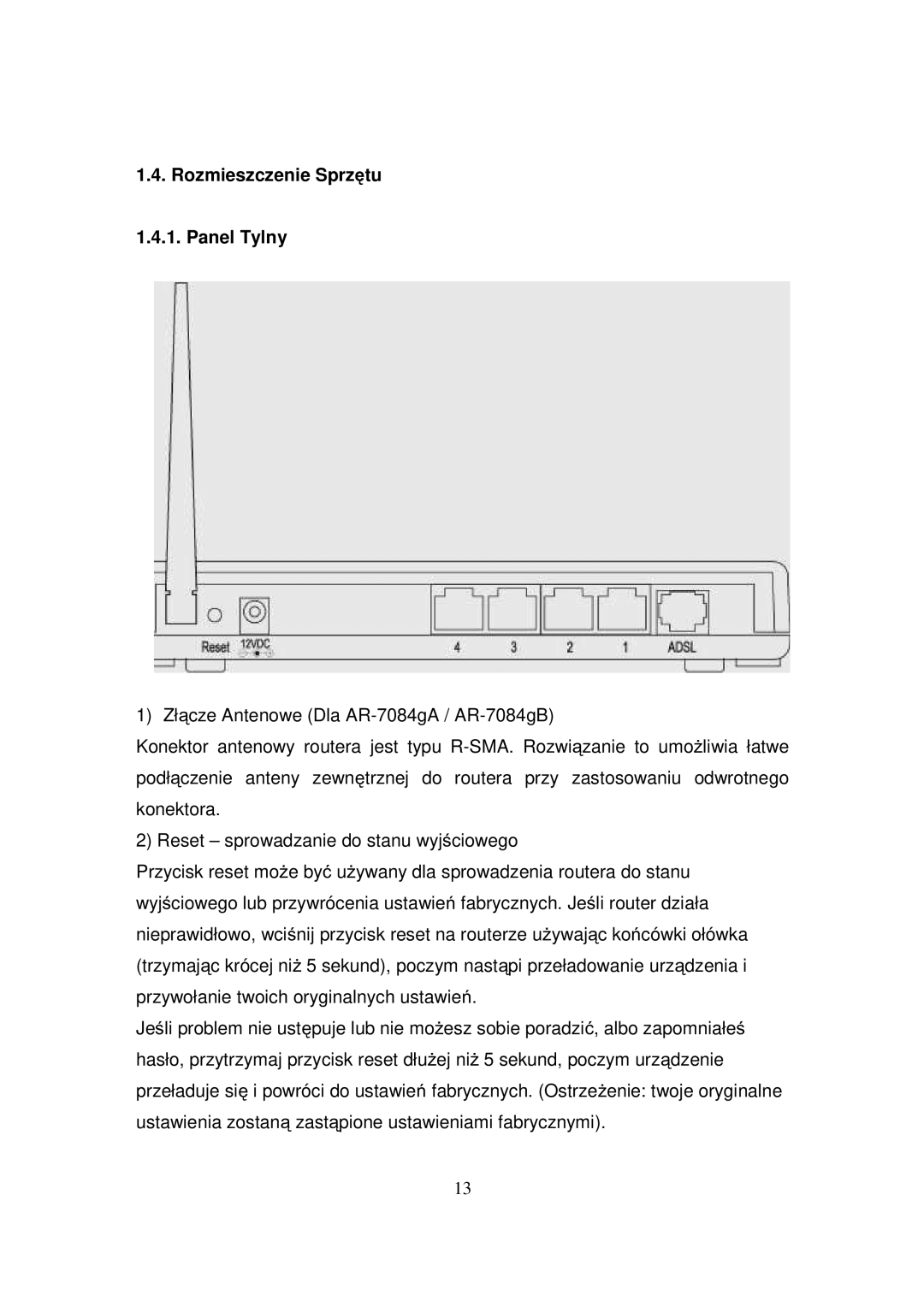 Edimax Technology AR-7084GB, AR-7084GA, AR-7084B manual Rozmieszczenie Sprzętu Panel Tylny 