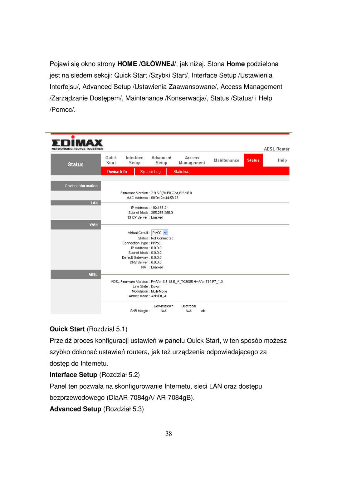 Edimax Technology AR-7084B, AR-7084GA, AR-7084GB manual Interface Setup Rozdział, Advanced Setup Rozdział 