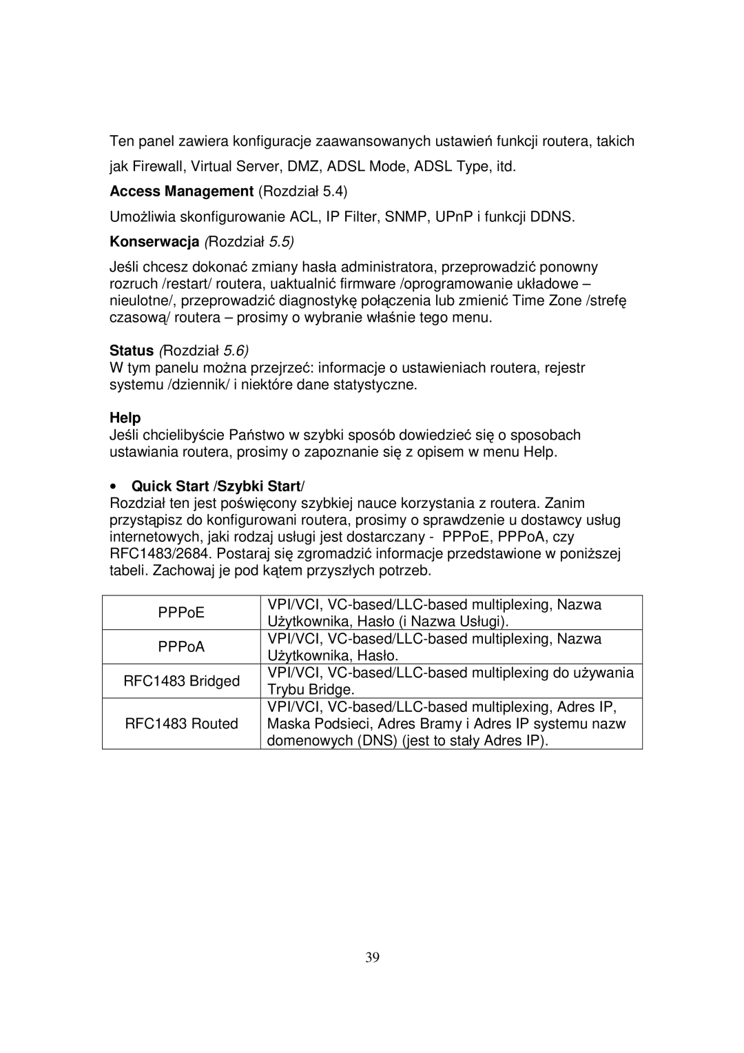 Edimax Technology AR-7084GA, AR-7084GB Access Management Rozdział, Konserwacja Rozdział, Help, ∙ Quick Start /Szybki Start 