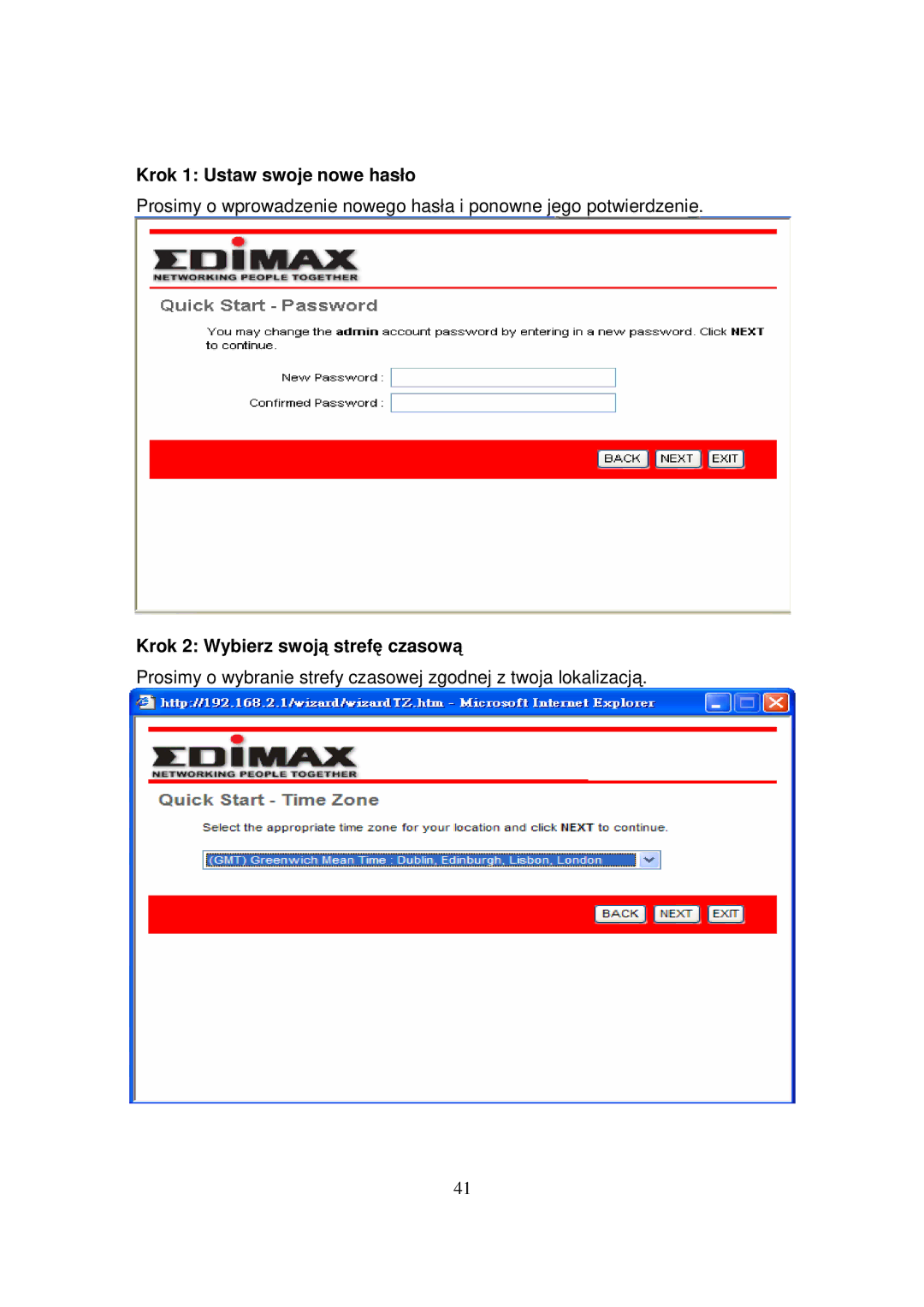 Edimax Technology AR-7084B, AR-7084GA, AR-7084GB manual Krok 1 Ustaw swoje nowe hasło, Krok 2 Wybierz swoją strefę czasową 