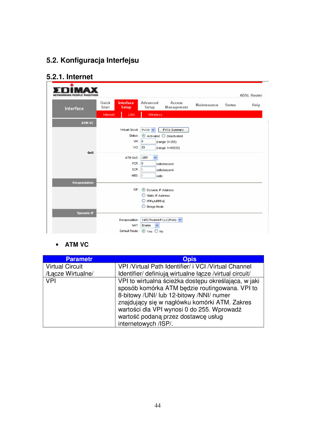 Edimax Technology AR-7084B, AR-7084GA, AR-7084GB manual Konfiguracja Interfejsu Internet, ∙ Atm Vc, Vpi 