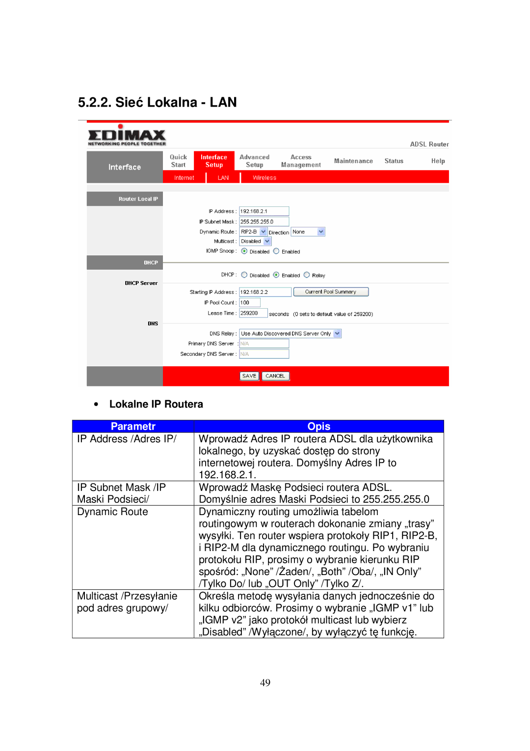 Edimax Technology AR-7084GB, AR-7084GA, AR-7084B manual Sieć Lokalna LAN, ∙ Lokalne IP Routera 