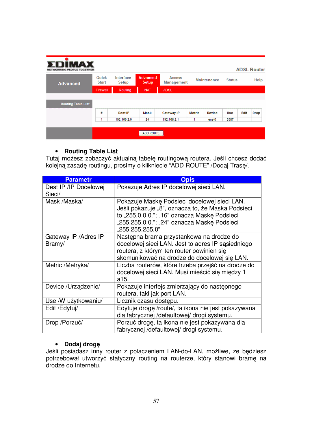 Edimax Technology AR-7084GA, AR-7084GB, AR-7084B manual ∙ Routing Table List, ∙ Dodaj drogę 