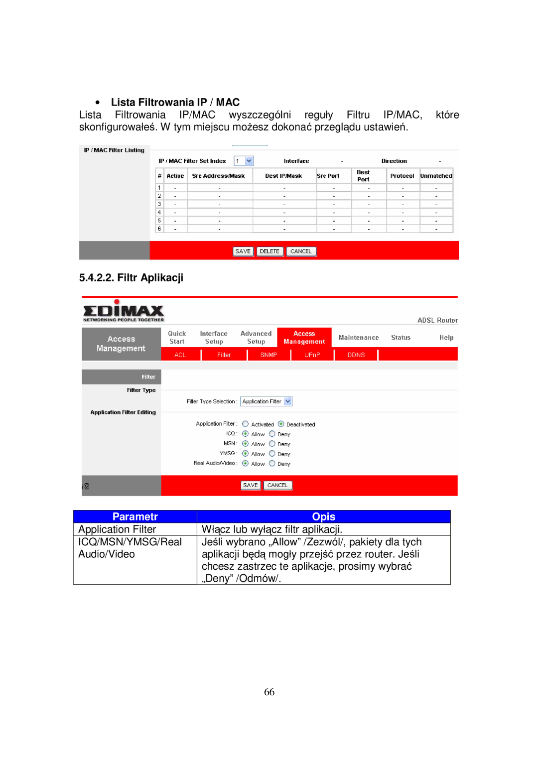 Edimax Technology AR-7084GA, AR-7084GB, AR-7084B manual ∙ Lista Filtrowania IP / MAC, Filtr Aplikacji 