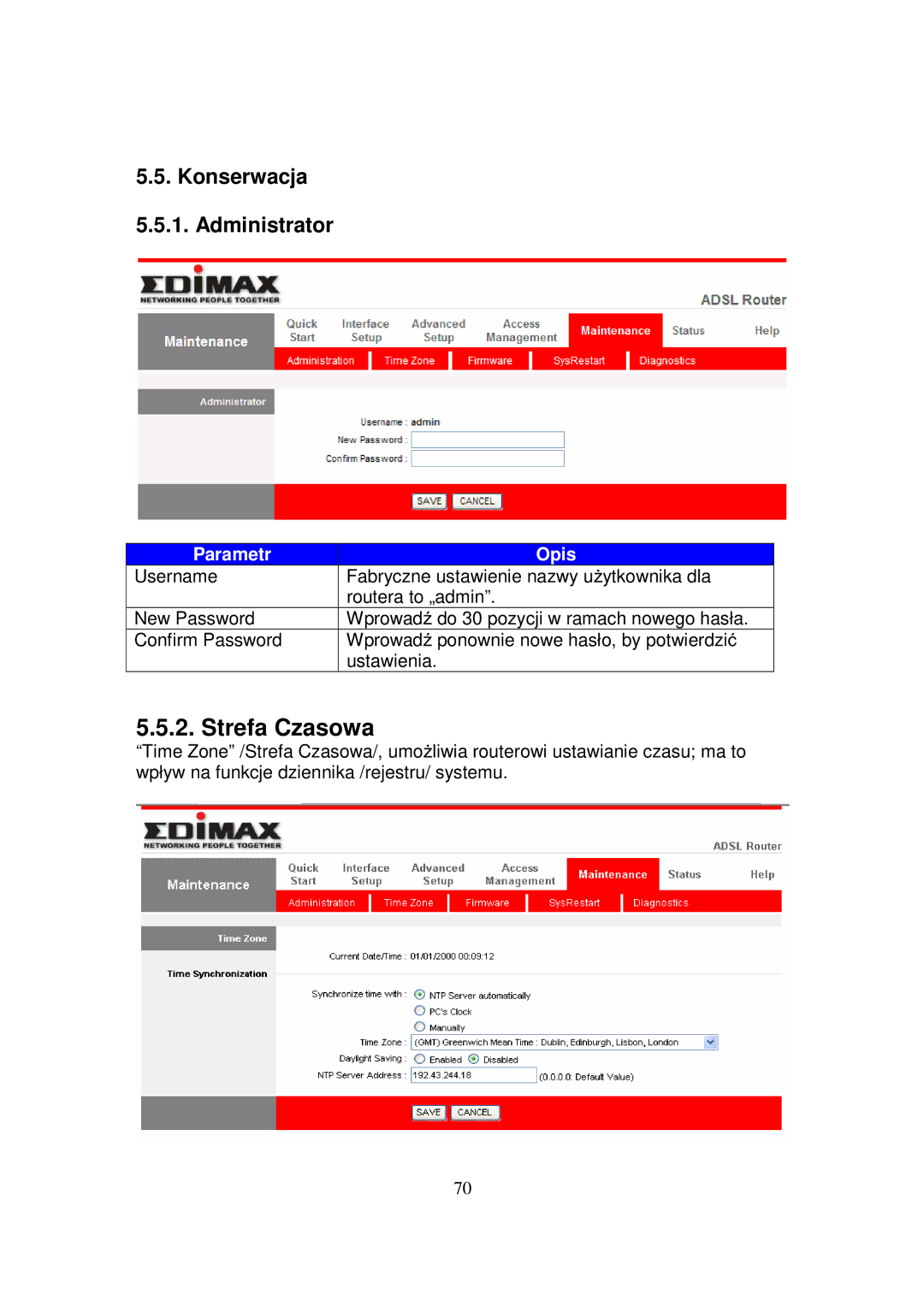 Edimax Technology AR-7084GB, AR-7084GA, AR-7084B manual Strefa Czasowa, Konserwacja Administrator 