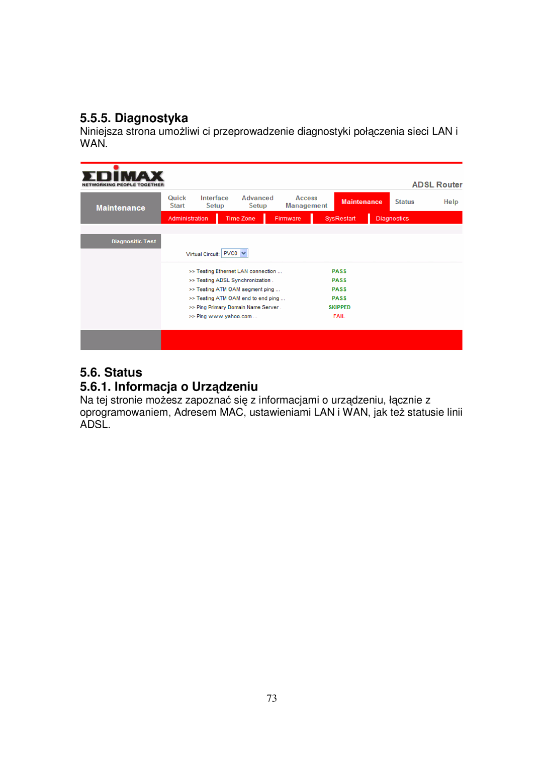 Edimax Technology AR-7084GB, AR-7084GA, AR-7084B manual Diagnostyka, Status Informacja o Urządzeniu 