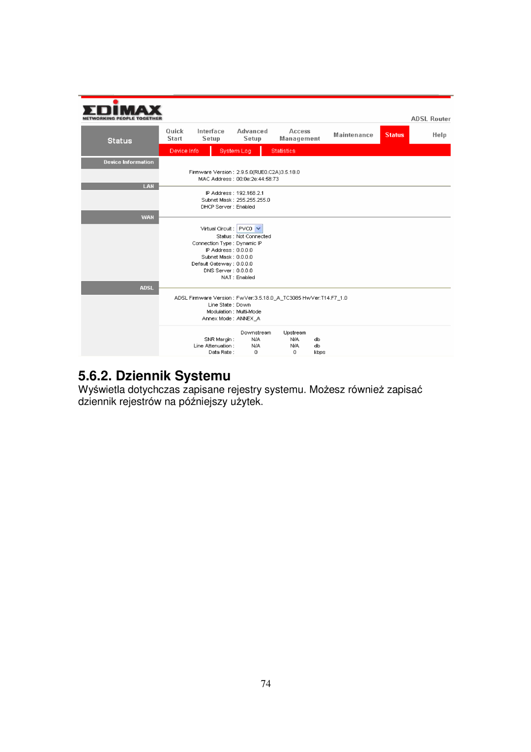 Edimax Technology AR-7084B, AR-7084GA, AR-7084GB manual Dziennik Systemu 