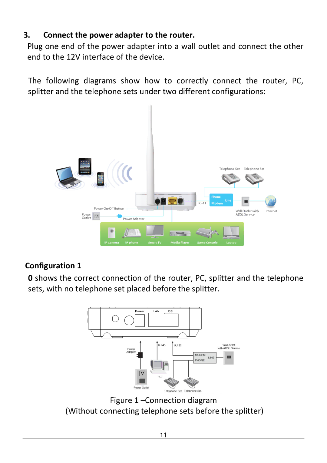 Edimax Technology AR-7182WNB manual Connect the power adapter to the router, Configuration 