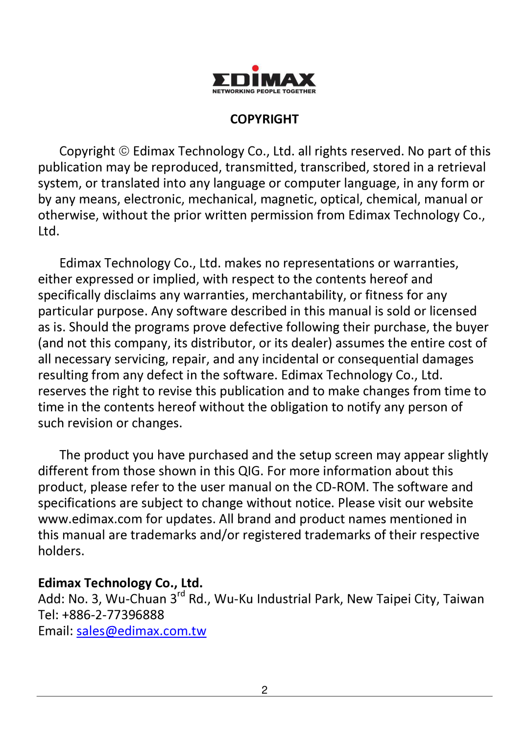 Edimax Technology AR-7182WNB manual Copyright 