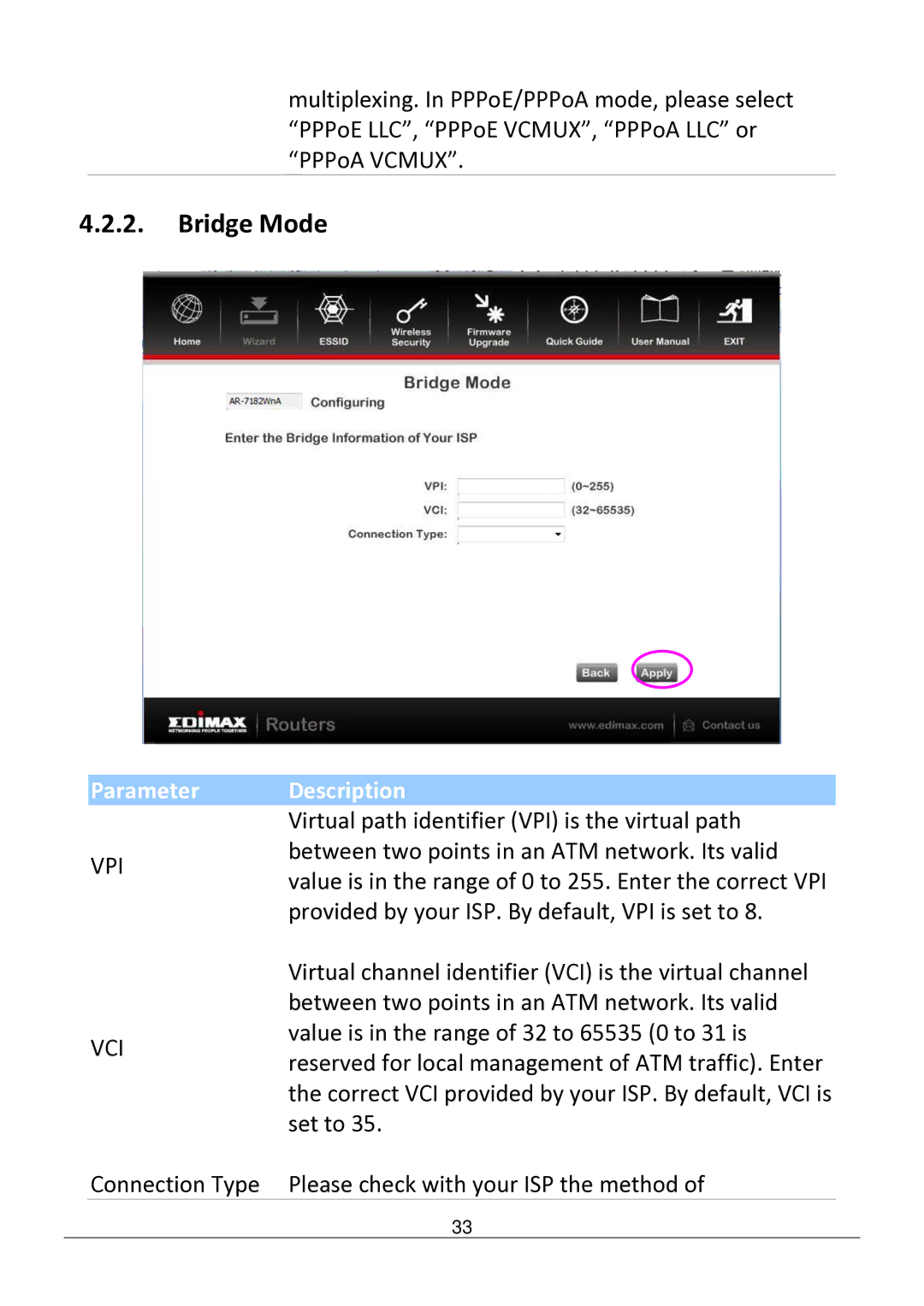 Edimax Technology AR-7182WNB manual Bridge Mode 