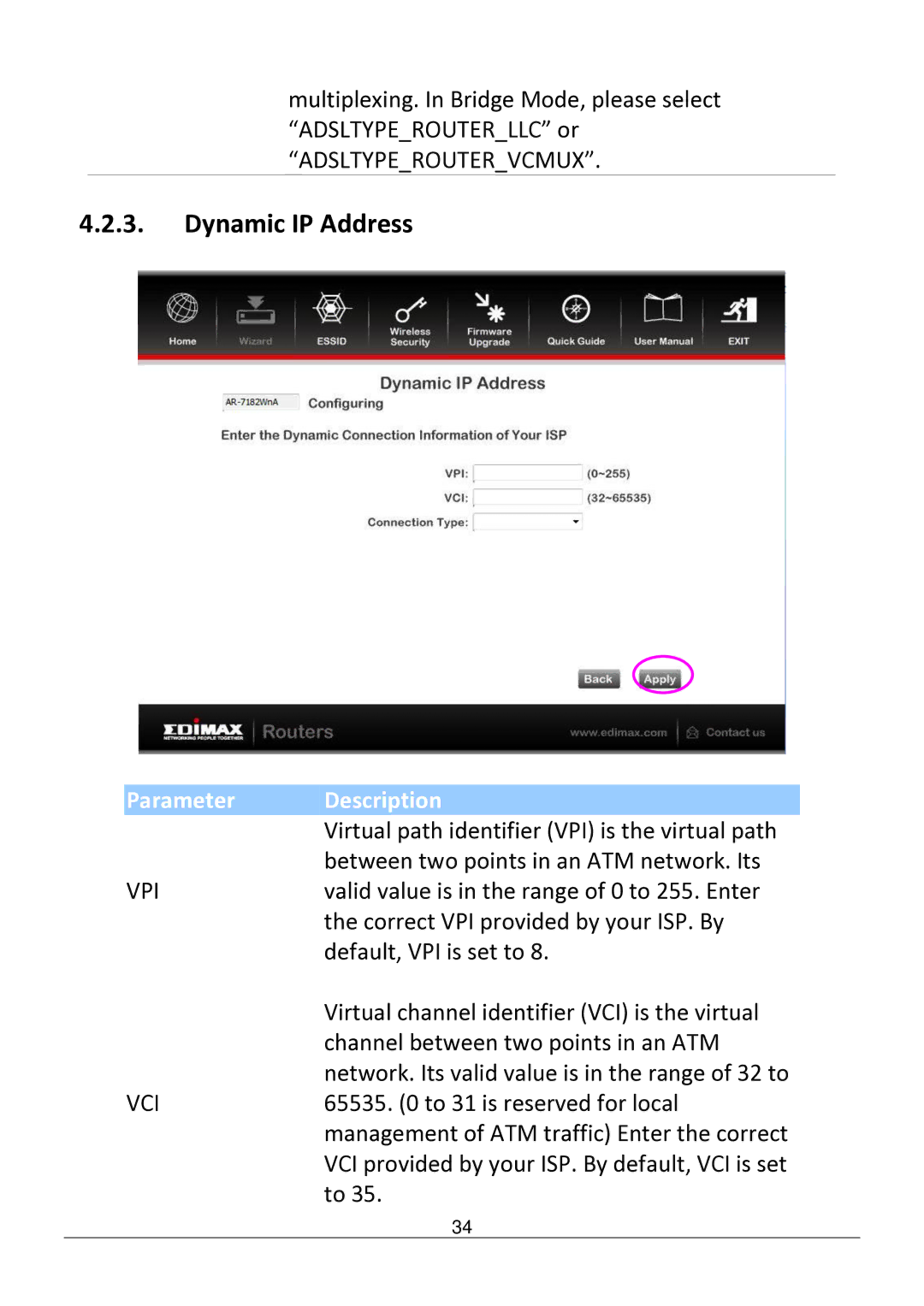 Edimax Technology AR-7182WNB manual Dynamic IP Address 