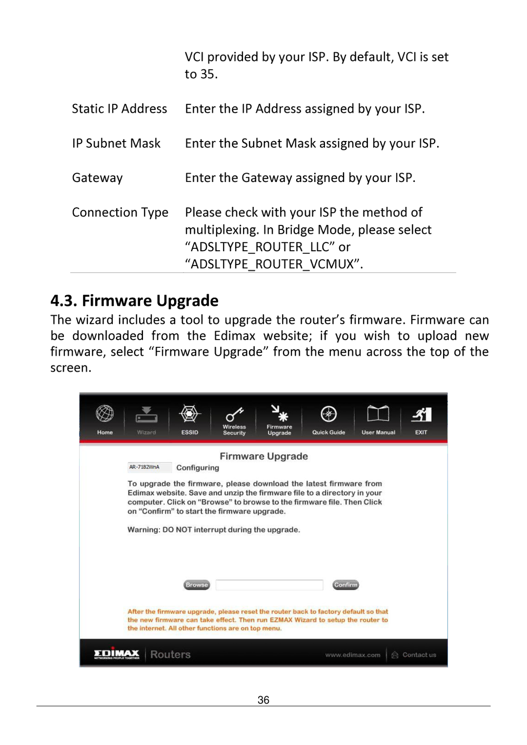 Edimax Technology AR-7182WNB manual Firmware Upgrade, Adsltyperoutervcmux 