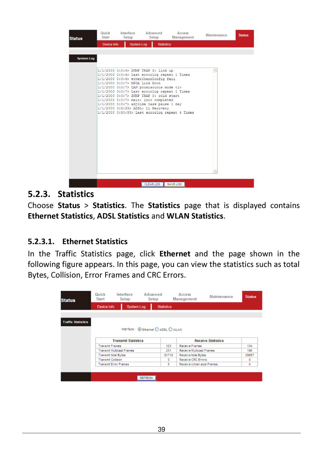 Edimax Technology AR-7182WNB manual Ethernet Statistics 