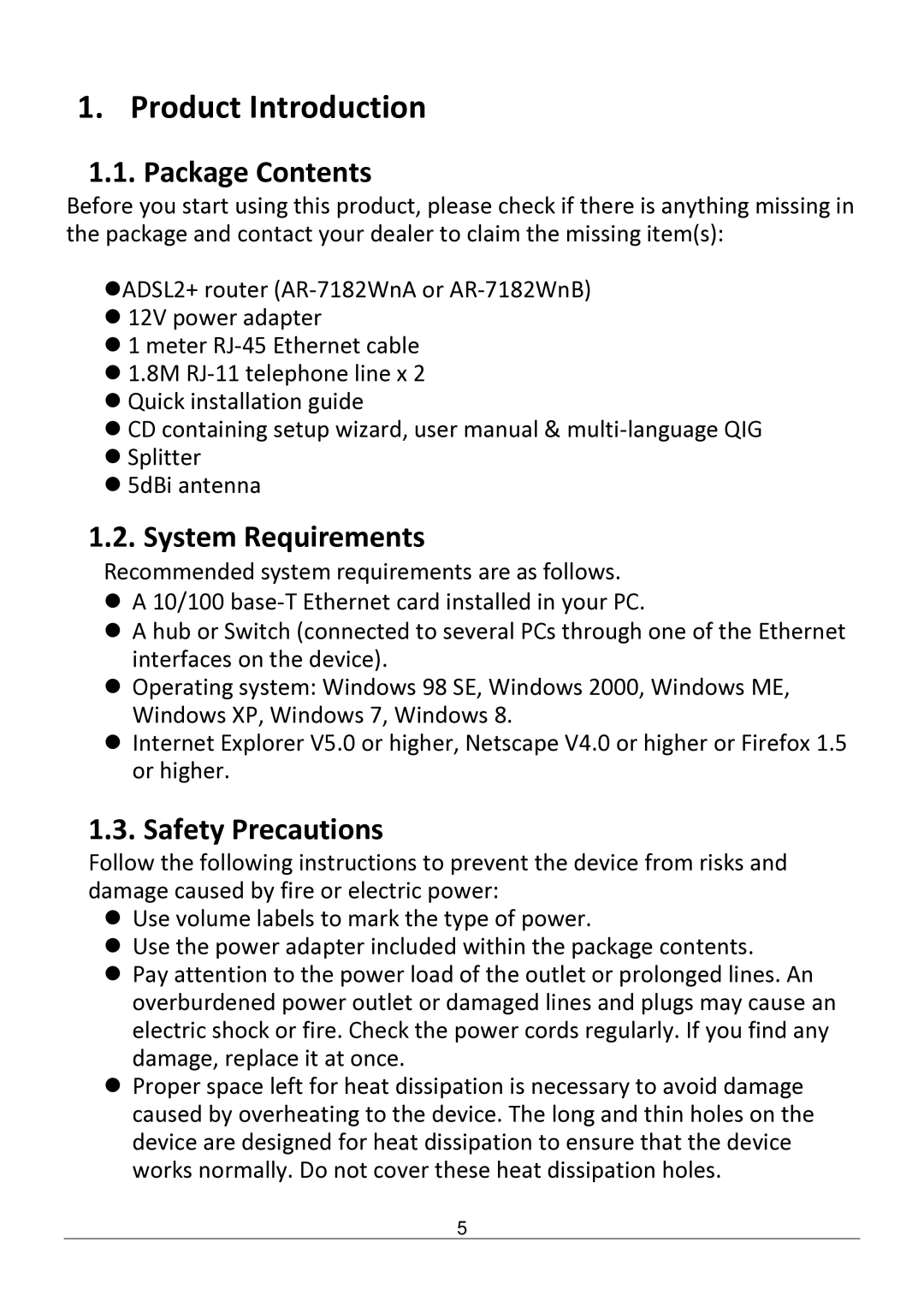 Edimax Technology AR-7182WNB manual Package Contents, System Requirements, Safety Precautions 