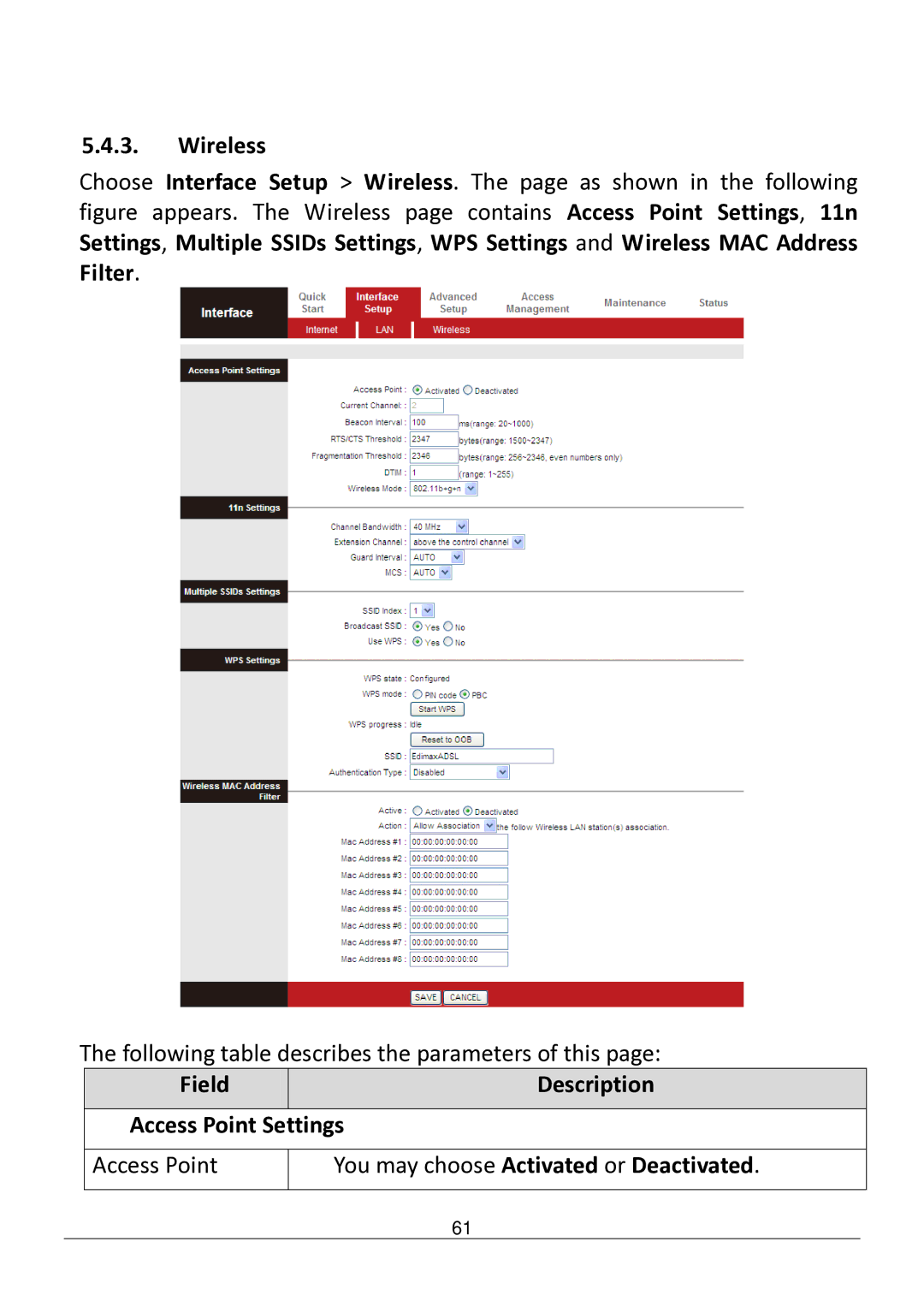 Edimax Technology AR-7182WNB Wireless, Field Description Access Point Settings, You may choose Activated or Deactivated 