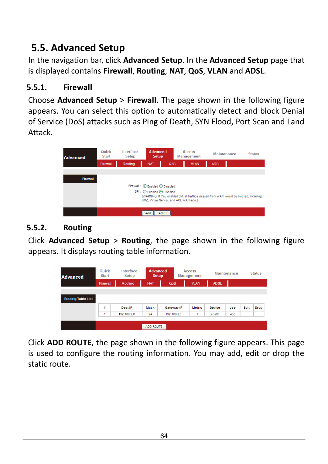 Edimax Technology AR-7182WNB manual Advanced Setup, Firewall, Routing 