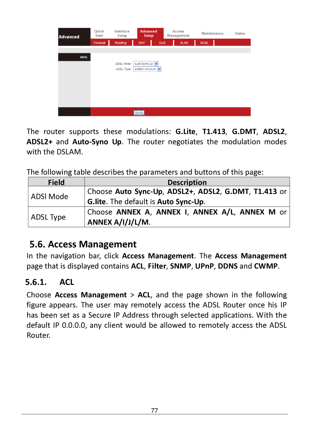 Edimax Technology AR-7182WNB manual Access Management, Acl, Choose Annex a , Annex I , Annex A/L , Annex M or 