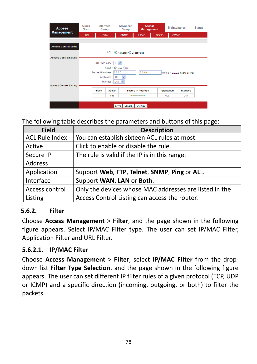 Edimax Technology AR-7182WNB manual Support Web , FTP , Telnet , Snmp , Ping or AL L, Filter 