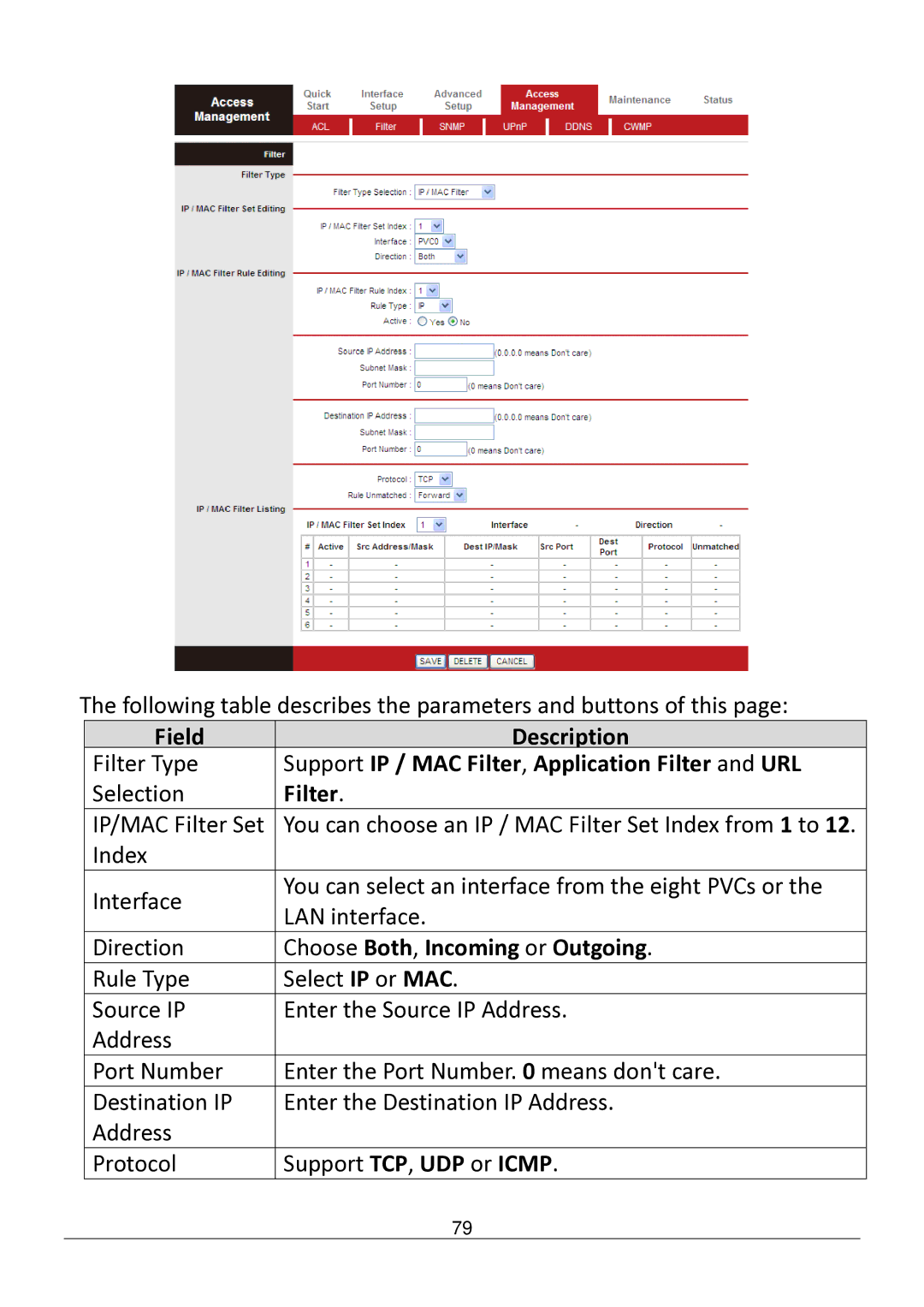 Edimax Technology AR-7182WNB manual Support IP / MAC Filter, Application Filter and URL, Choose Both, Incoming or Outgoing 