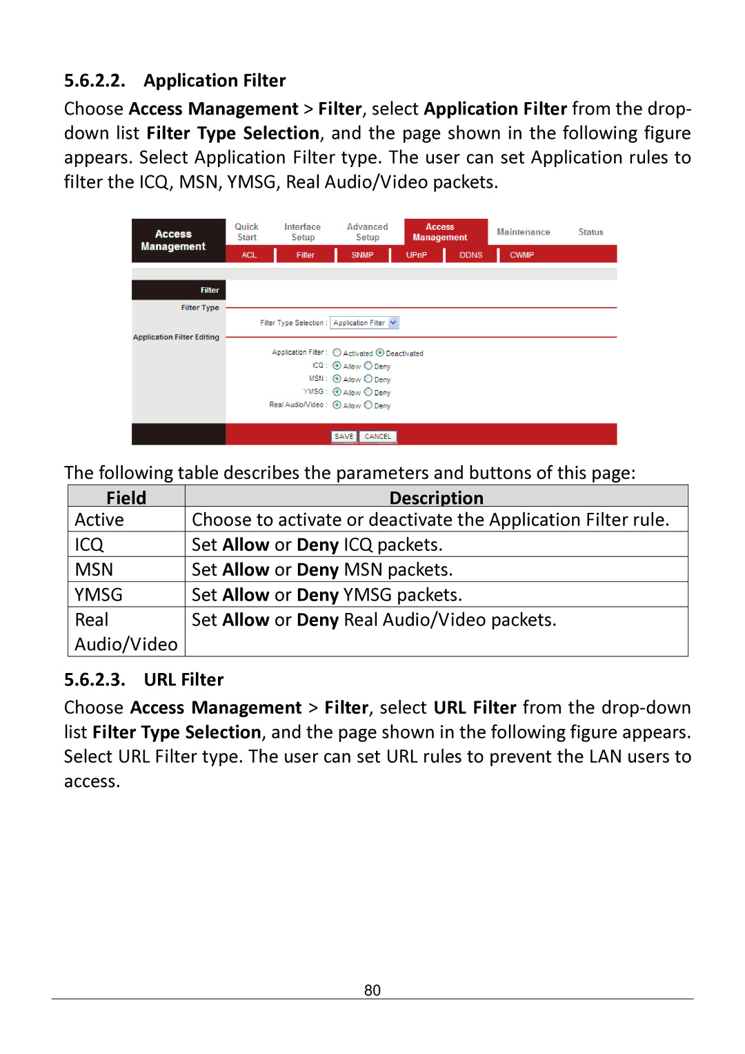 Edimax Technology AR-7182WNB manual Icq, Msn, Ymsg, URL Filter 